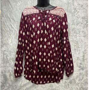 Live 4 Truth Womens XL Maroon Geometric Boho Smocked Lace Up Bell Sleeve Blouse